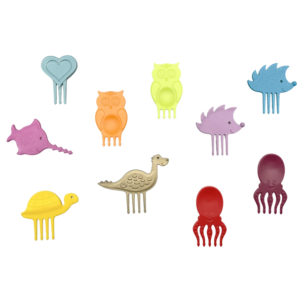 Pieksi & Griffel - Pieksi 10er Set „Mixed Ten“ – Snack Piekser 🦔🐢🦕🐙🐟❤️🦉