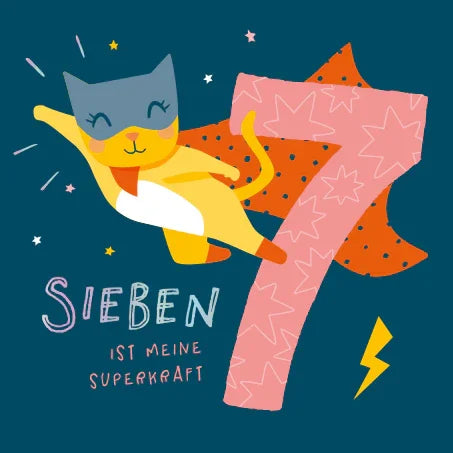 Grafikwerkstatt - Quadratische Doppelkarte "frech, wild & wunderbar" - Sieben ist meine Superkraft - Makimo - Smart Kids