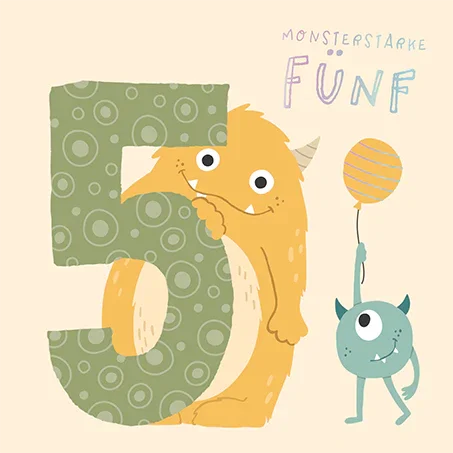 Grafikwerkstatt - Quadratische Doppelkarte "frech, wild & wunderbar" - Monsterstarke Fünf - Makimo - Smart Kids