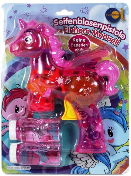 Seifenblasenpistole Einhorn PINK mit Leuchtrad inkl. 2× Seifenblasenflüssigkeit