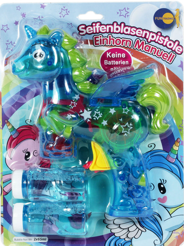 Seifenblasenpistole Einhorn BLAU mit Leuchtrad inkl. 2× Seifenblasenflüssigkeit