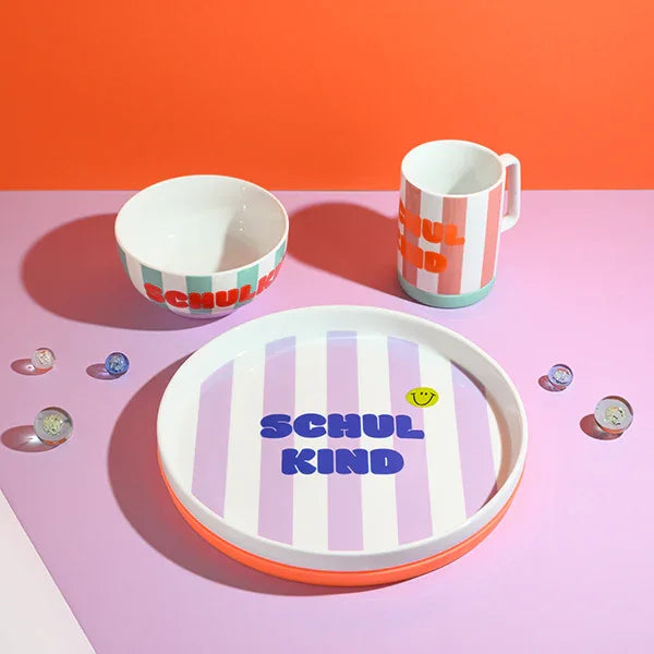 ava&yves - 3-teiliges Porzellan-Set "Schulkind", Streifen - Flieder und Pink - Makimo - Smart Kids