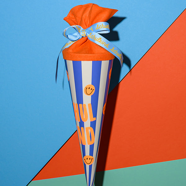 avy&yves - Schultüte mit Streifen – blau/neon-orange, 35 cm mit Filzverschluss