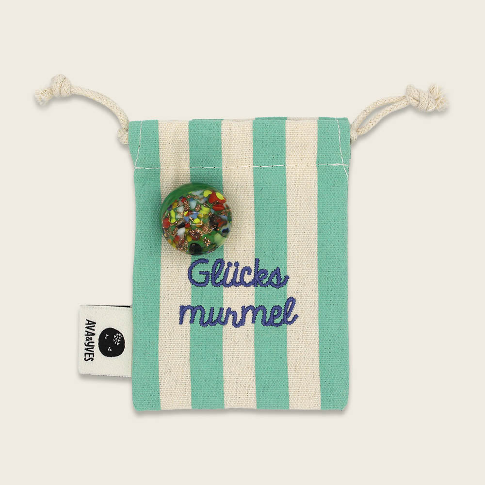 ava&yves - Glücksmurmel - Muranoglas in mint mit Konfetti – im Stoffbeutel mit Stickerei