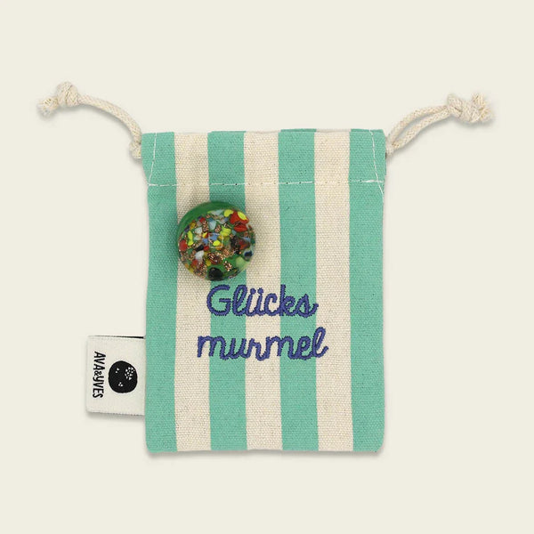 ava&yves - Glücksmurmel - Muranoglas in mint mit Konfetti – im Stoffbeutel mit Stickerei - Makimo - Smart Kids