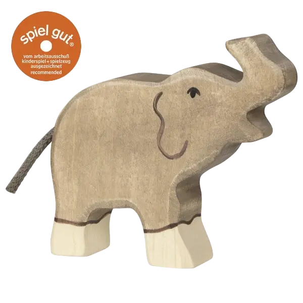 Holztiger Elefant, klein, Rüssel hoch – Holztier zum Spielen