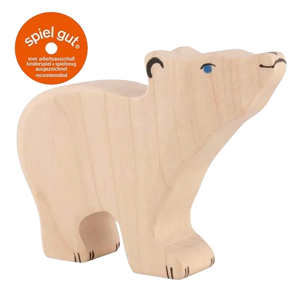 Holztiger Eisbär, klein, Kopf hoch – Holztier zum Spielen