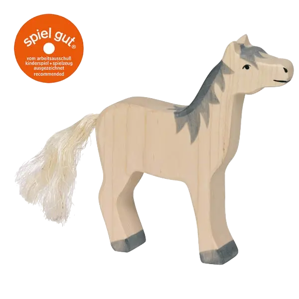 Holztiger Pferd, Kopf hoch, graue Mähne – Holztier zum Spielen