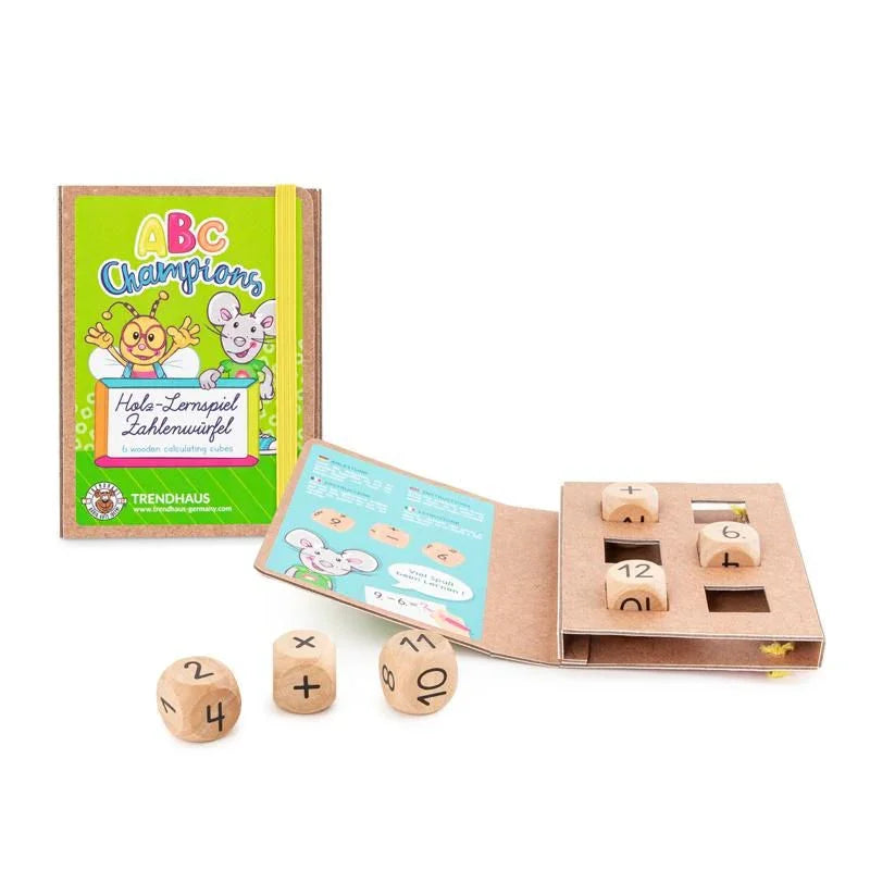ABC CHAMPIONS Holz-Lernspiel Zahlenwürfel 6er-Set mit Rechenzeichen & Box