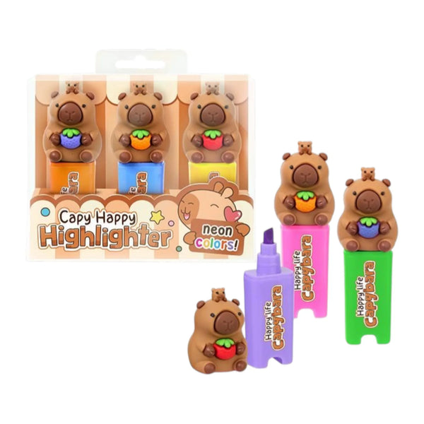 Happy Capy Highlighter 3er-Set - Neon Textmarker mit Capybara-Figuren - Makimo - Smart Kids