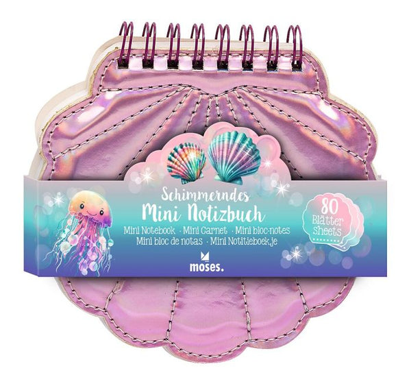 Schimmerndes Mini-Notizbuch – Muschelform mit Holo-Cover und Spiralbindung