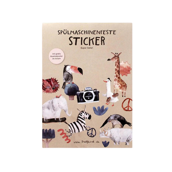 HALFBIRD Spülmaschinenfeste Sticker "Super Safari" - 26 Aufkleber für glatte Oberflächen