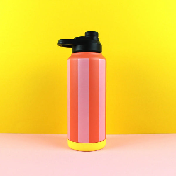 ava&yves - Trinkflasche Stripes Feuerrot-Rosa-Gelb 1000ml Vakuum-Isolierung - Makimo - Smart Kids