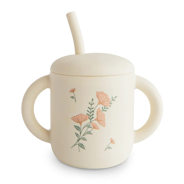 Mushie - Silicone Training Cup + Straw – Silikon Trinklernbecher für Babys - Pink Flowers - Makimo - Smart Kids