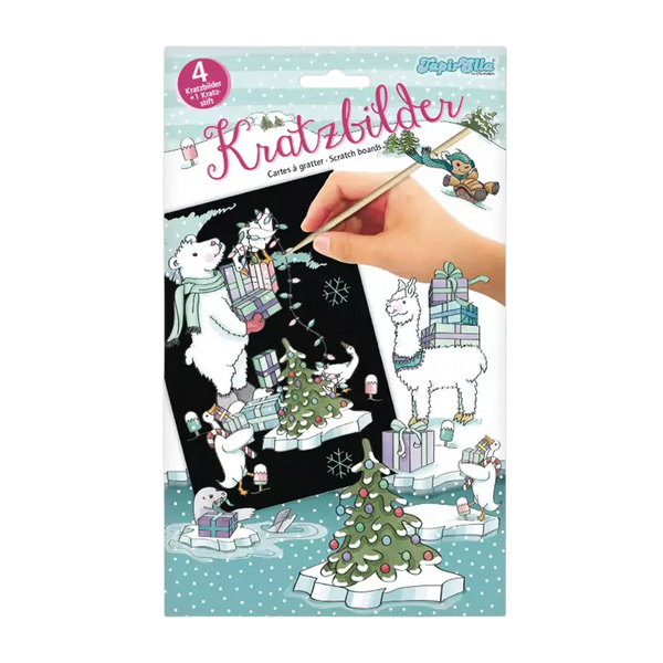 TapirElla Kratzbilder Winterzauber – 4 magische Kratzmotive mit Holzstift im Umschlag