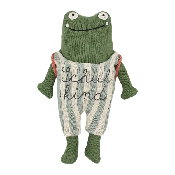 ava&yves - Frosch „Schulkind“ grün, mit Schulranzen und Anzug in blau/creme, 20cm