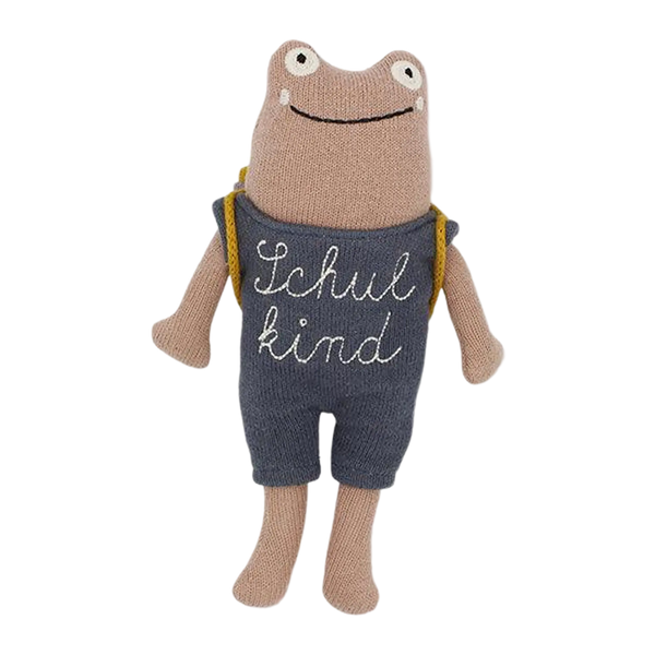 ava&yves - Frosch „Schulkind“ rosa, mit Schulranzen und Anzug in blau/creme 20cm