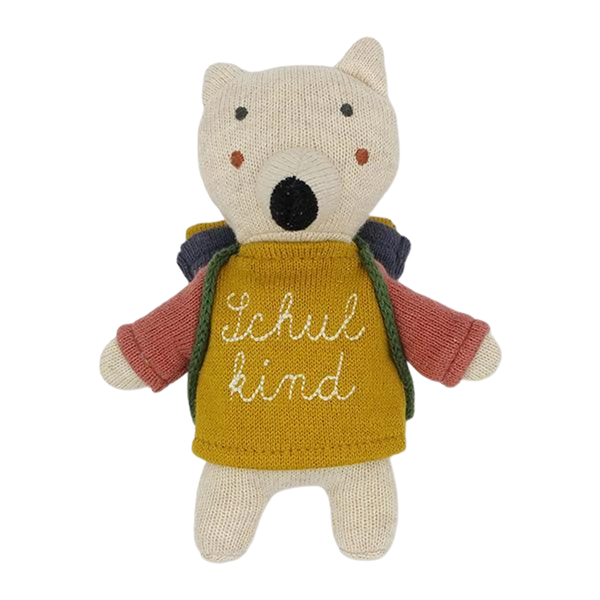 ava&yves - Fuchs „Schulkind“ grün, mit Schulranzen und Shirt in gelb/pink 14cm